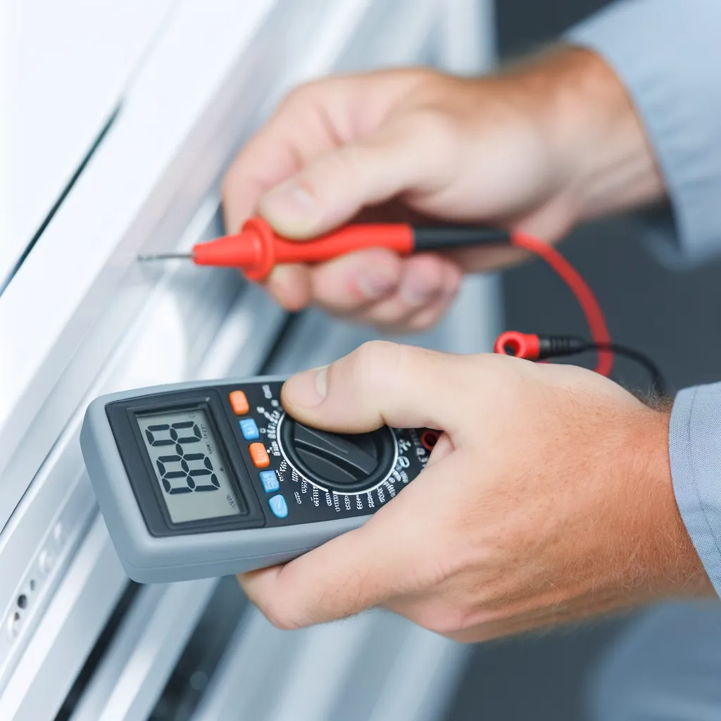 Close-up of two hands holding a digital multimeter and pressing a red test probe against a white panel edge