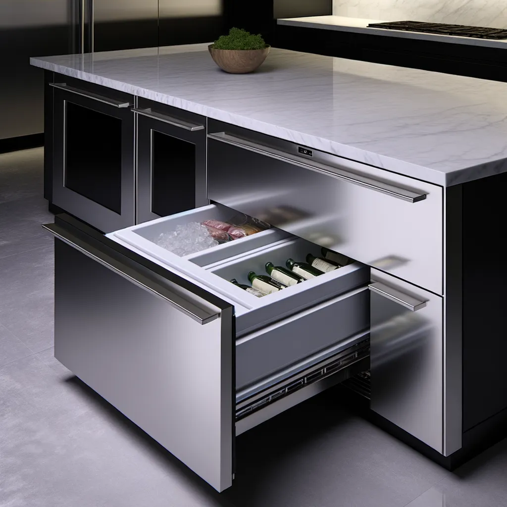 Dark stainless undercounter drawers pulled open, ice and wrapped packages in the upper drawer and bottles laid flat below