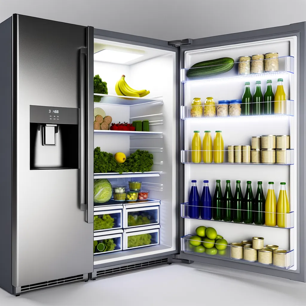 Tall stainless side-by-side refrigerator with one door wide open on lit shelves of produce, jars and bottles