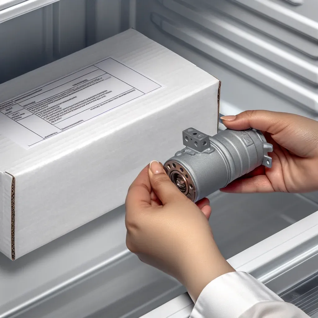 Two hands holding a small cylindrical motor beside the plain white carton it was unpacked from