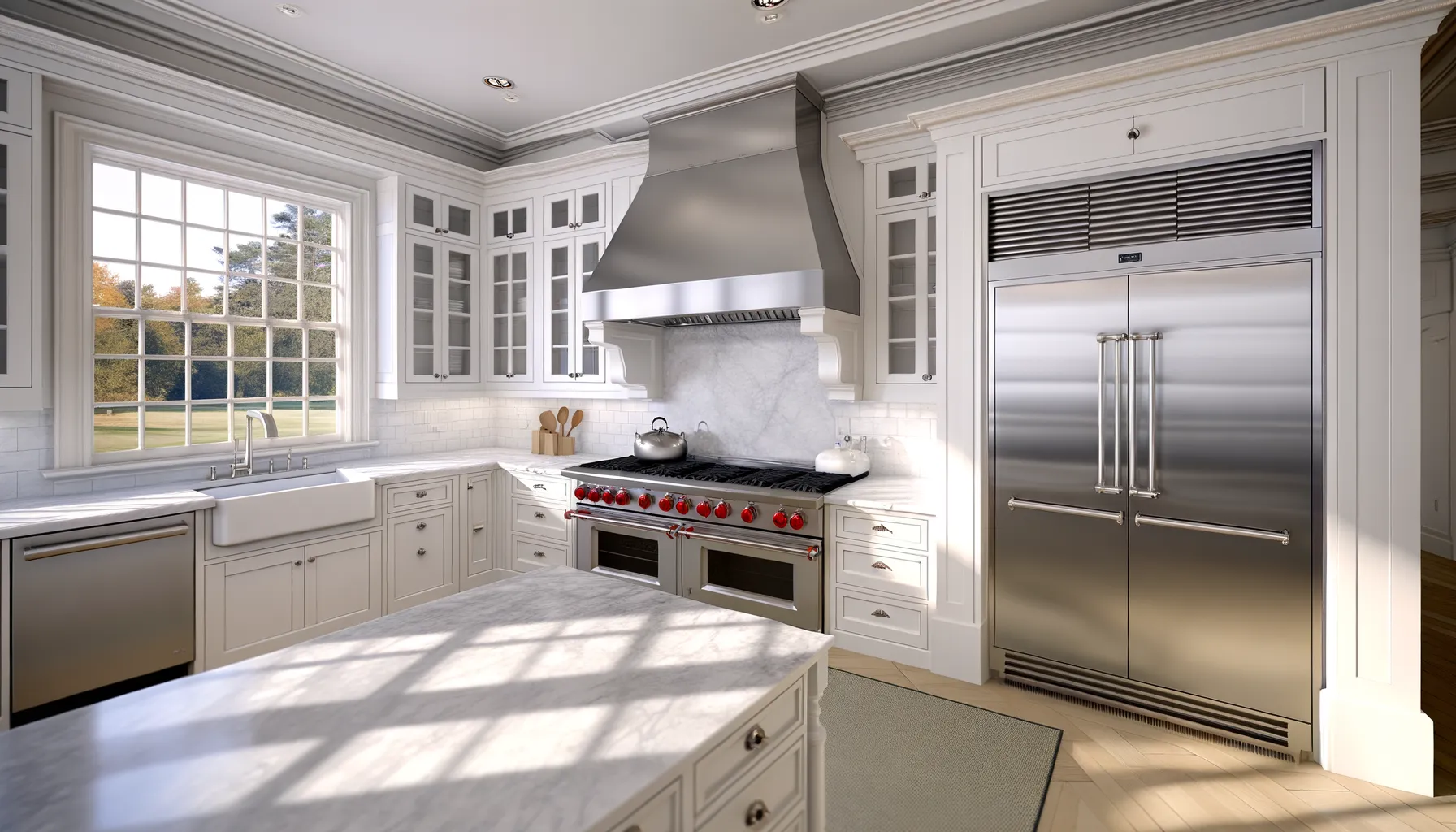 Pale kitchen in daylight with a range under a stainless hood, a farmhouse sink at the window and a tall built-in refrigerator alongside