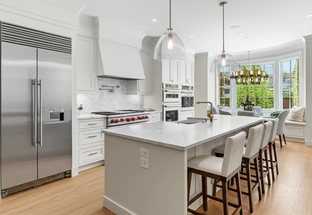 Wide white kitchen with a marble island and stools, pendant lights overhead and a full-height stainless refrigerator on the far wall