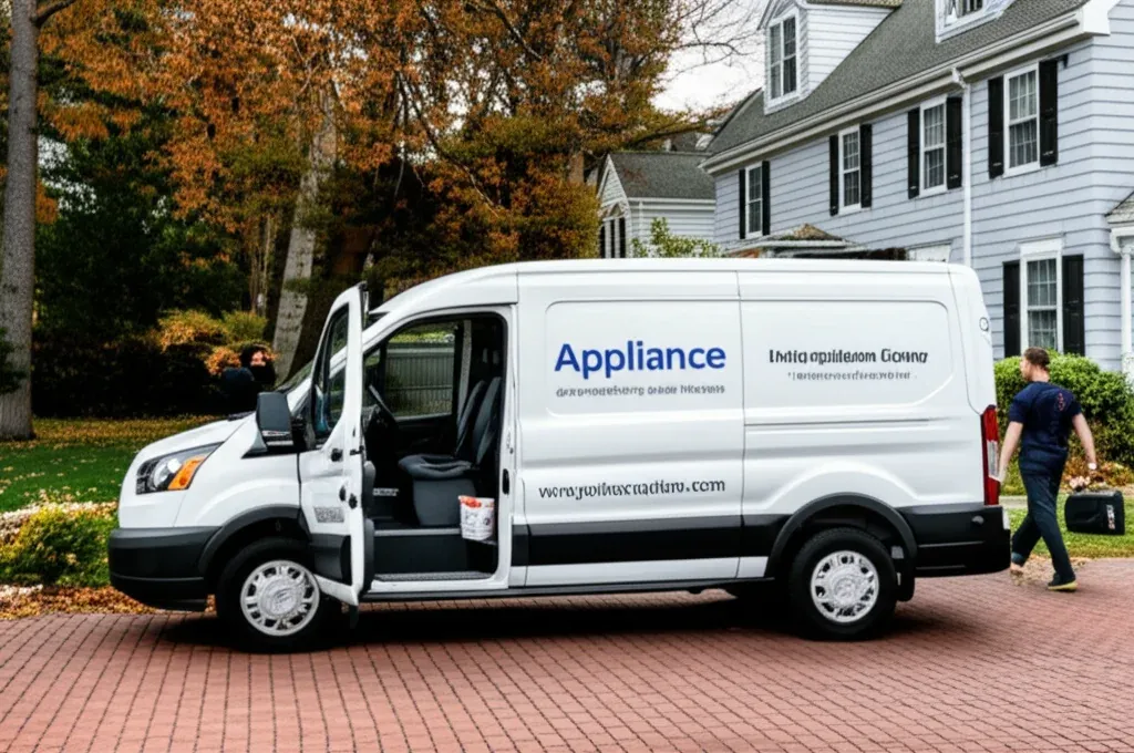 White service van parked at the kerb of a clapboard house with its side door open, autumn trees behind