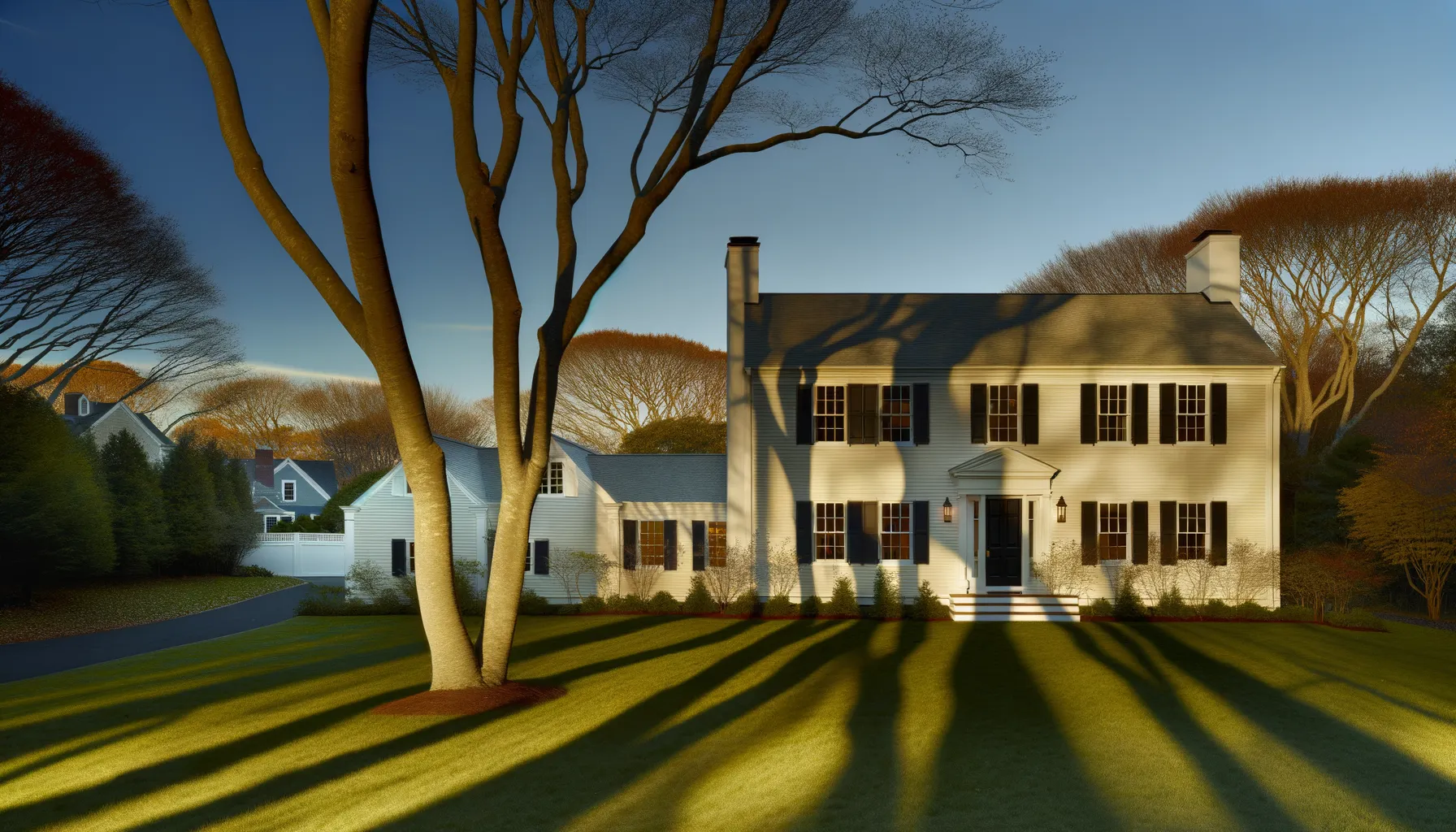 Two-storey Colonial house with black shutters and a columned entry behind bare trees, long shadows across the lawn