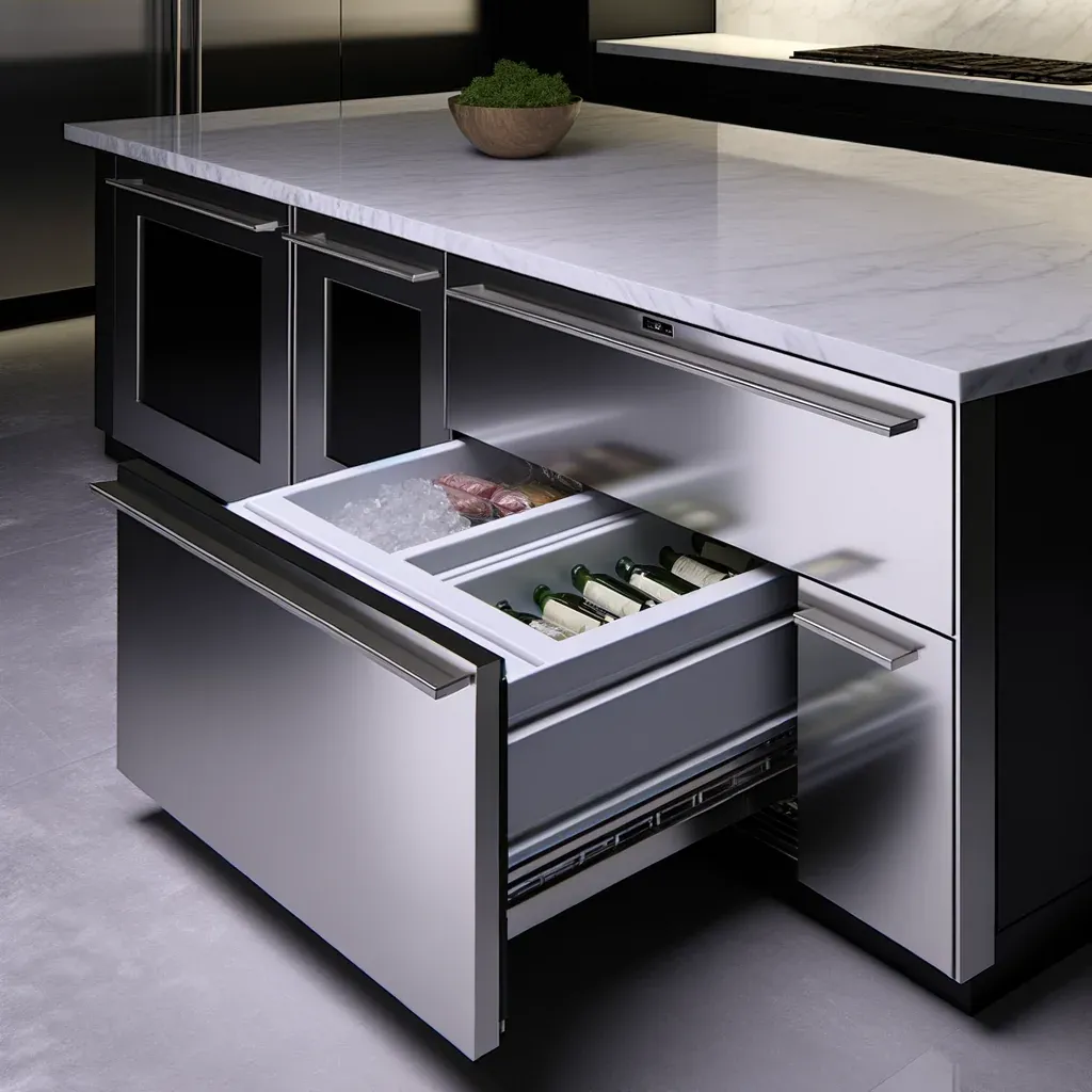 Undercounter drawer unit with the lower drawer open on bottles laid flat in a rack and an ice bin in the drawer above