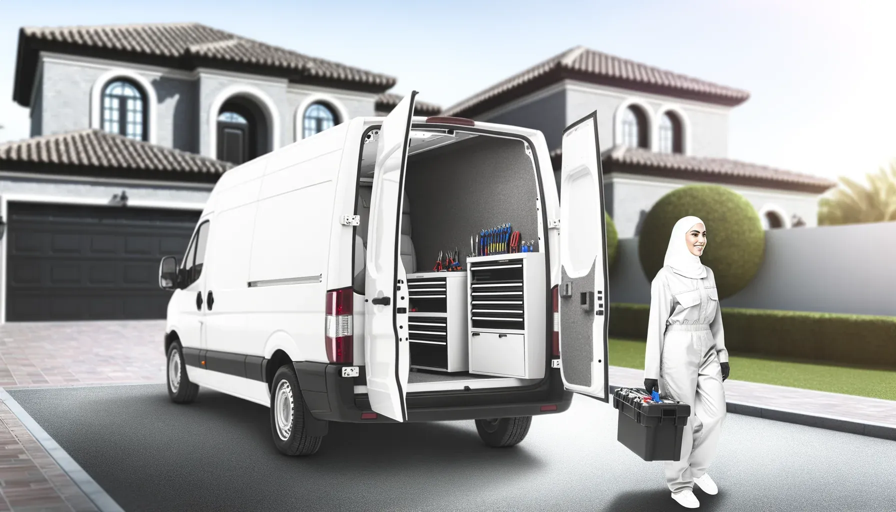 White van with both rear doors open on fitted tool drawers, a person in white overalls carrying a case across the drive